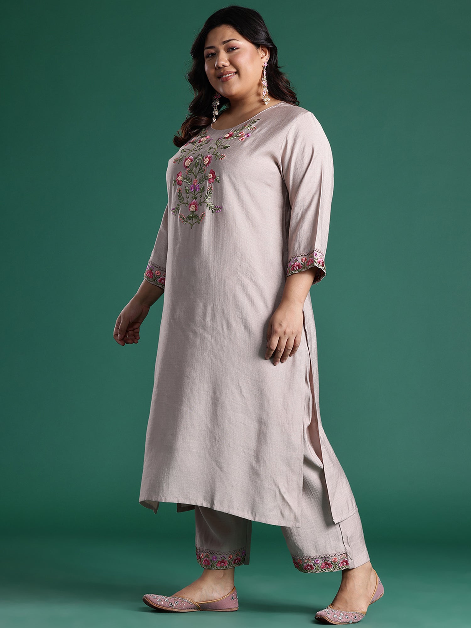Plus Size Brown Embroidered Straight Kurta Trousers With Dupatta set