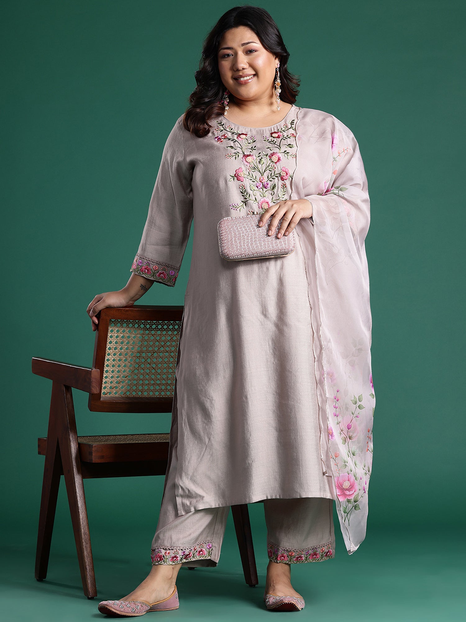 Plus Size Brown Embroidered Straight Kurta Trousers With Dupatta set