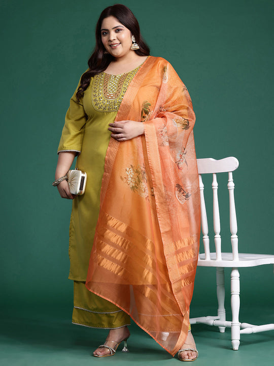 Plus Size Olive Embroidered Straight Kurta Palazzo With Dupatta Set