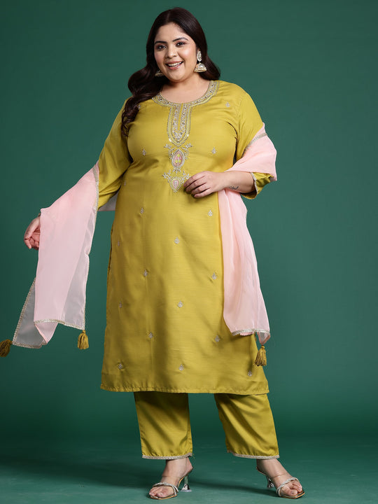 Plus Size Olive Embroidered Straight Cotton Blend Suit Set