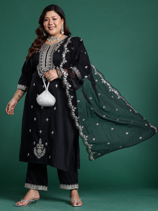 Plus Size Black Embroidered Straight Kurta Pant With Dupatta Set