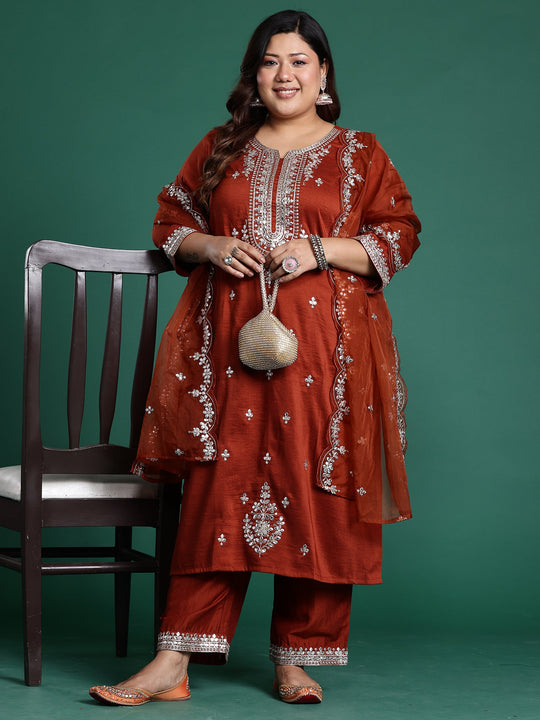 Plus Size Rust Embroidered Straight Kurta Pant With Dupatta Set
