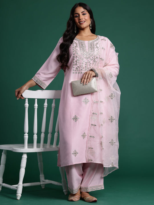 Plus Size Pink Embroidered Straight Kurta Set With Dupatta