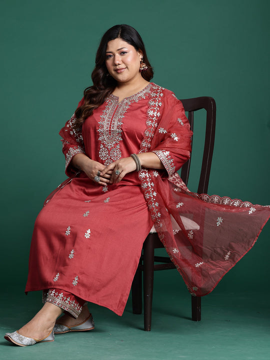 Plus Size Rust Embroidered Straight Kurta Pant With Dupatta Set