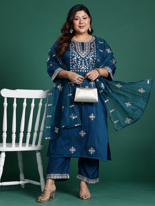 Plus Size Teal Embroidered Straight Kurta Set With Dupatta