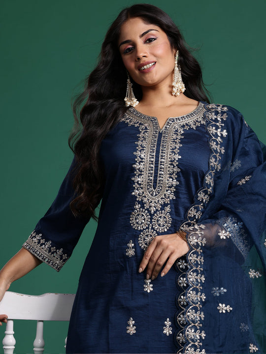 Plus Size Navy Blue Embroidered Straight Kurta Set With Dupatta