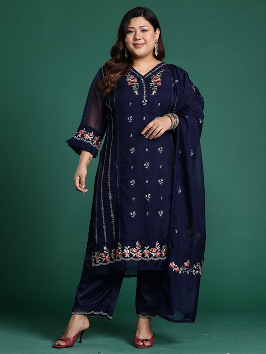 Plus size Navy Blue Embroidered Straight Kurta Set With Dupatta