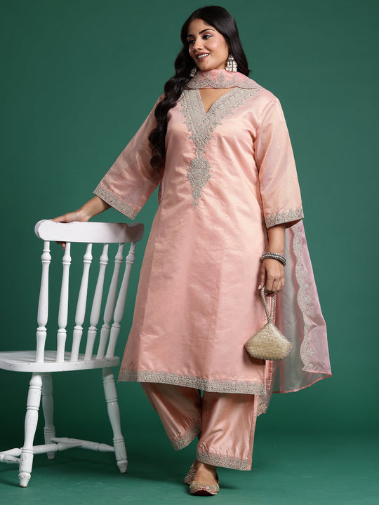 Plus Size Peach Embroidered Straight Suit Set With Dupatta