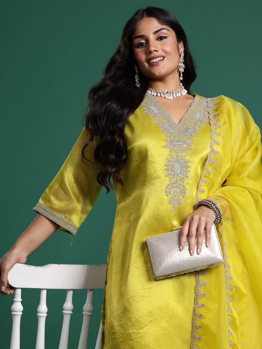 Plus Size Green Embroidered Straight Suit Set With Dupatta