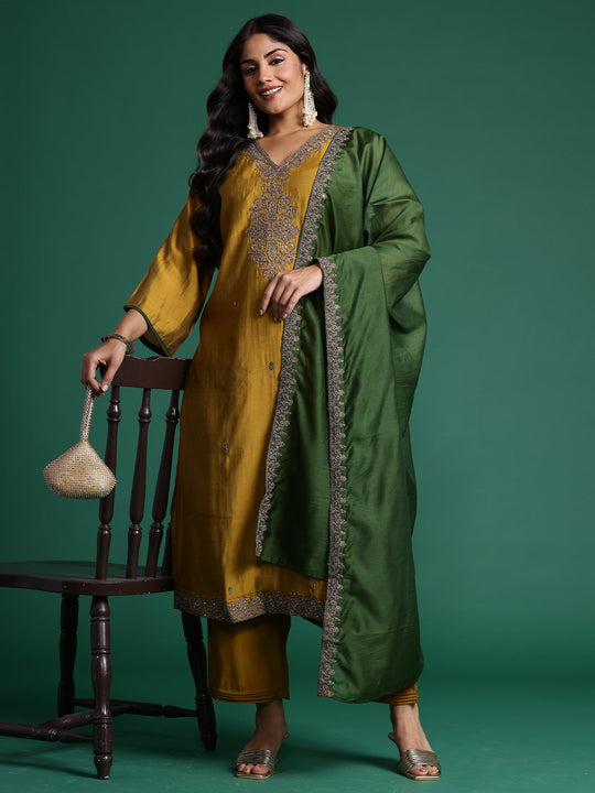 Plus Size Mustard Embroidered Straight Suit Set With Dupatta
