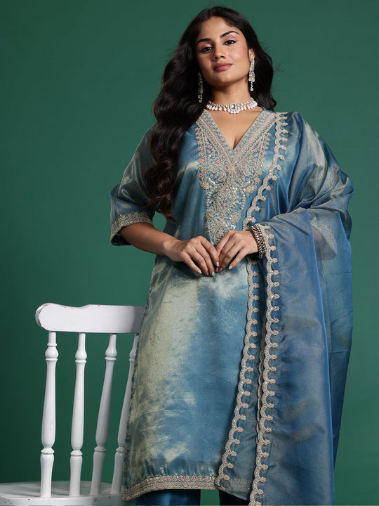 Plus Size Blue Embroidered Straight Kurta Set With Dupatta