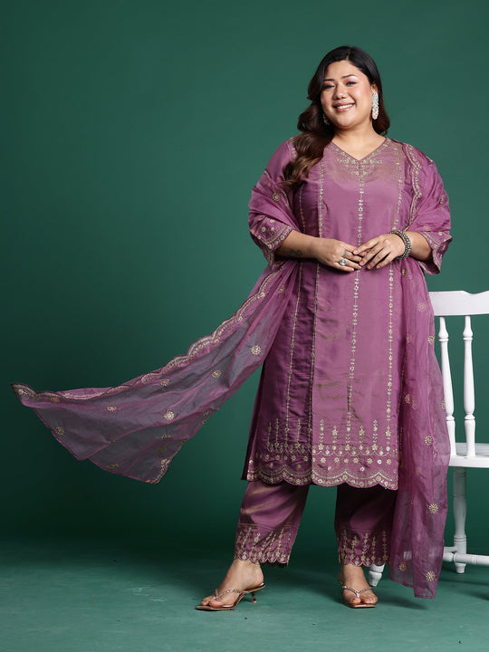 Plus Size Burgundy Embroidered Straight Kurta Set With Dupatta