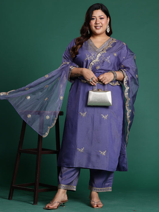 Plus Size Blue Embroidered Straight Kurta Pant With Dupatta