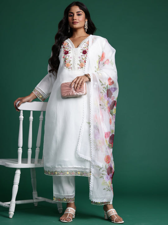 Plus Size White Embroidered Straight Kurta Set With Dupatta