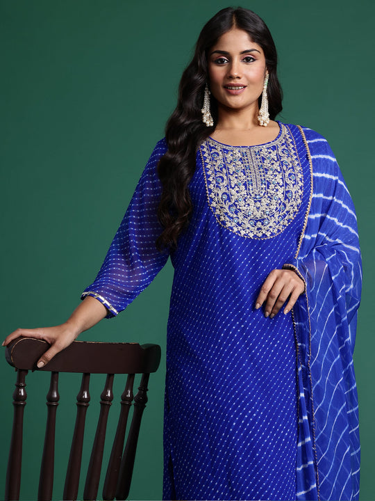 Plus Size Blue Embroidered Straight Kurta Set With Dupatta