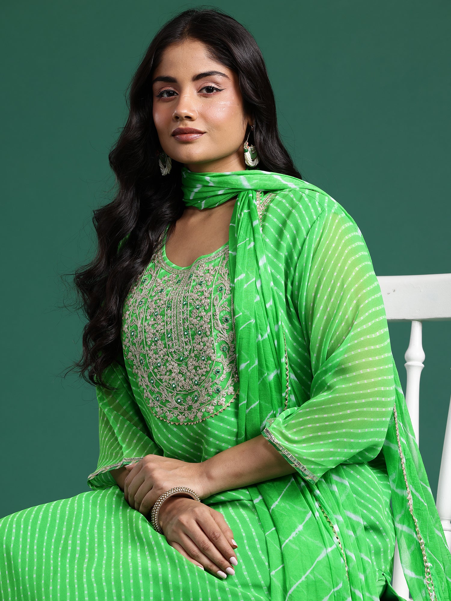 Plus Size Green Embroidered Straight Kurta Trousers With Dupatta set