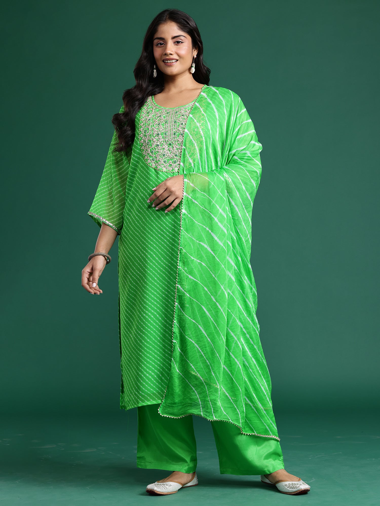 Plus Size Green Embroidered Straight Kurta Trousers With Dupatta set
