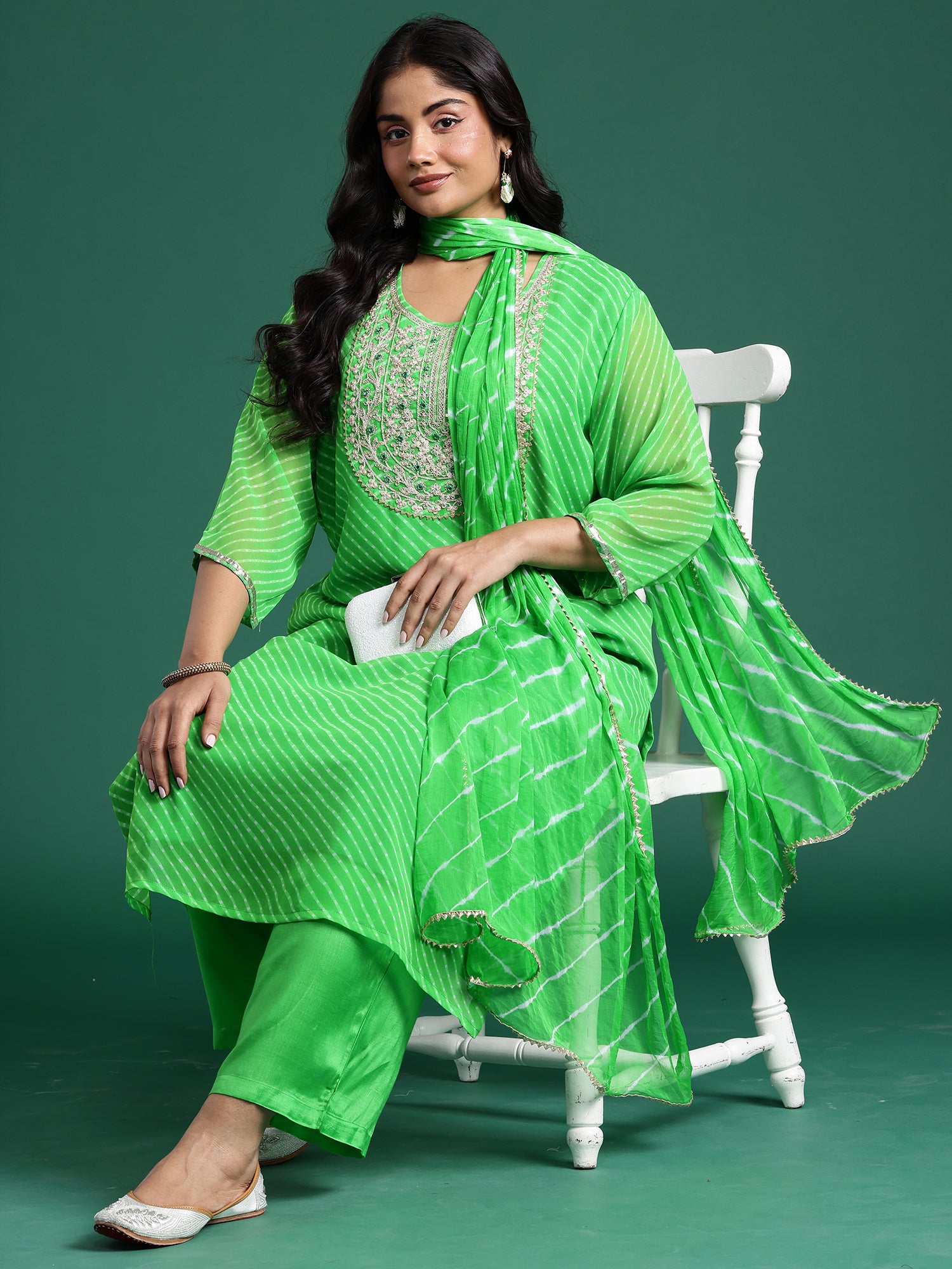 Plus Size Green Embroidered Straight Kurta Trousers With Dupatta set