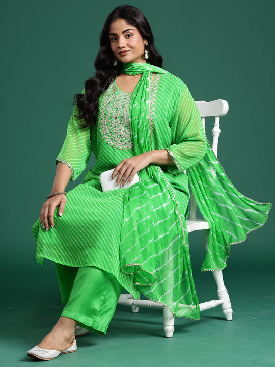 Plus Size Green Embroidered Straight Kurta Trousers With Dupatta set