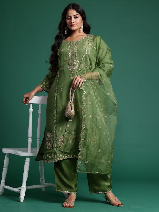Plus Size Green Embroidered Straight Suit Set With Dupatta