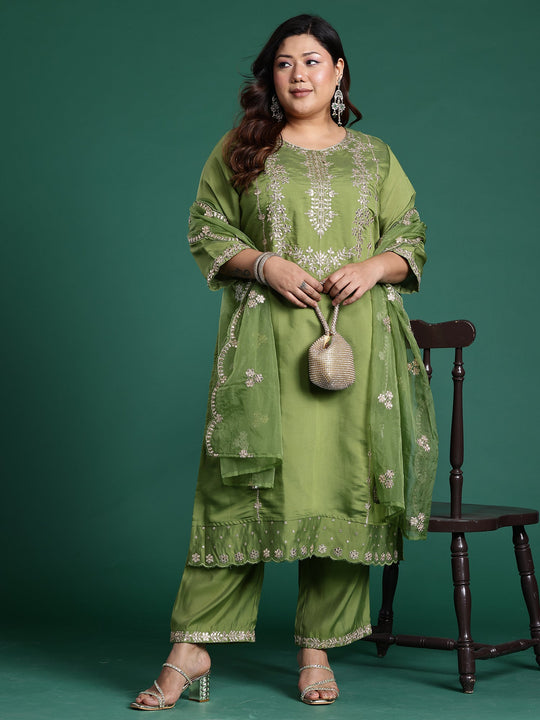 Plus Size Green Embroidered Straight Suit Set With Dupatta
