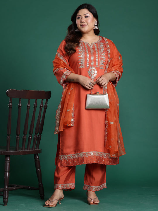 Indo Era Rust Embroidered Straight Kurta Trousers With Dupatta Set