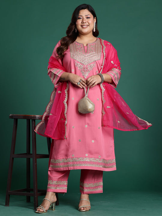 Plus Size Pink Embroidered Straight Kurta Set With Dupatta
