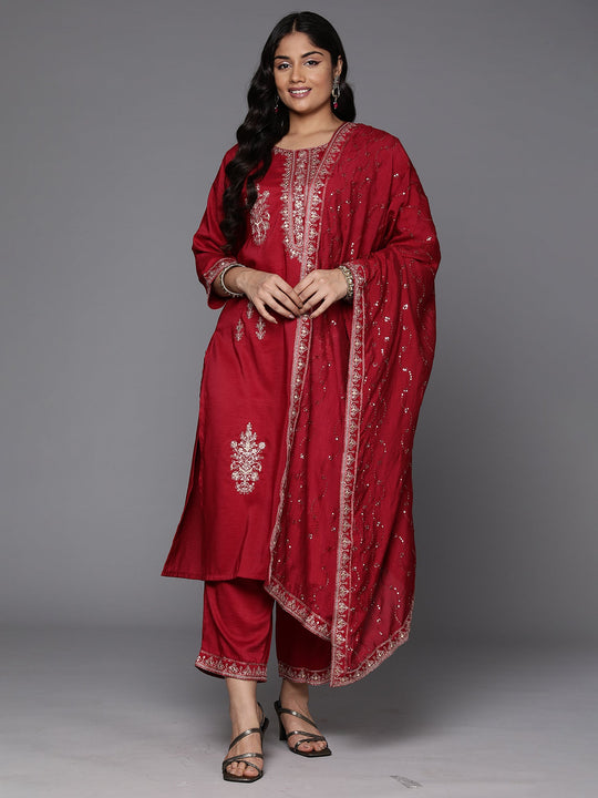 Plus Size Maroon Embroidered Straight Kurta Set With Dupatta