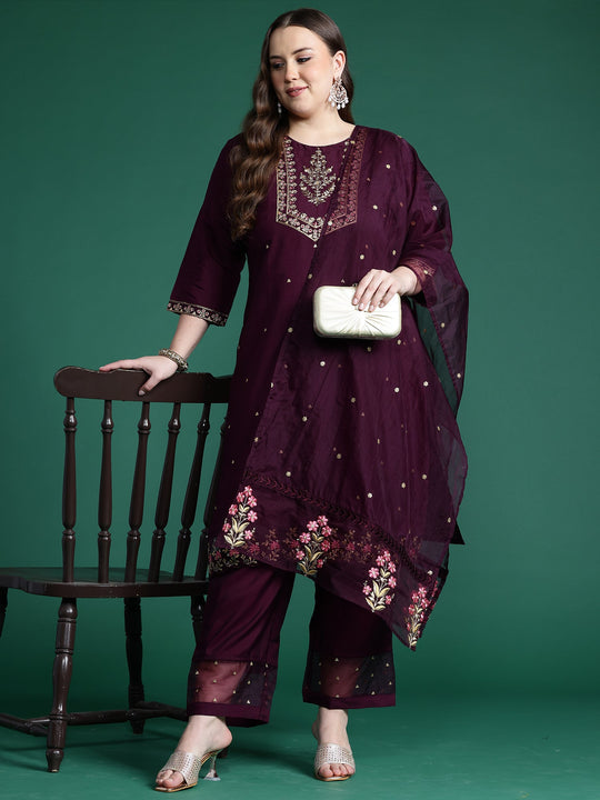 Plus Size Burgundy Embroidered Straight Kurta Set