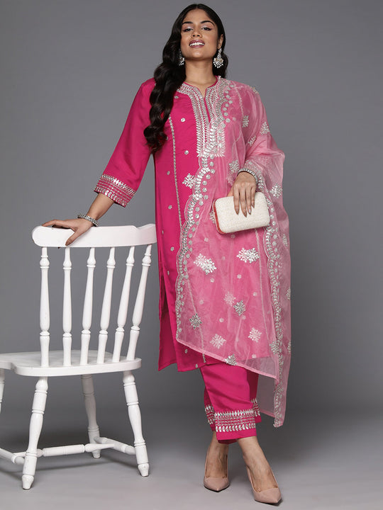 Plus Size Magenta Embroidered Straight Kurta Pant With Dupatta