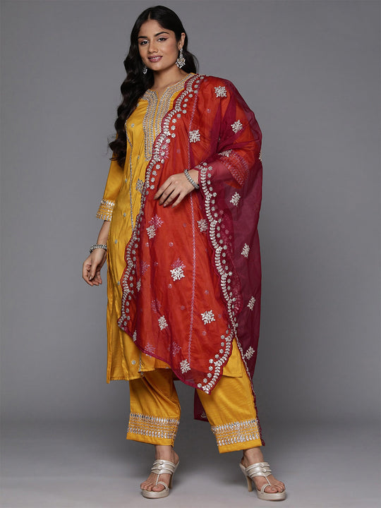 Plus Size Mustard Embroidered Straight Suit With Dupatta