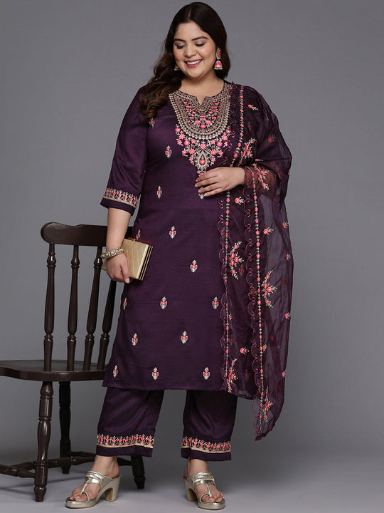 Plus Size Burgundy Embroidered Straight Kurta Pant With Dupatta Set
