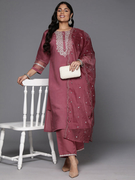 Plus Size Mauve Embroidered Straight Suit Set
