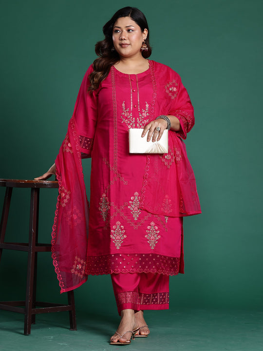 Plus Size Pink Embroidered Straight Kurta Set With Dupatta