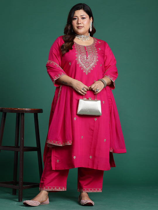 Plus Size Pink Embroidered Straight Kurta Trouser With Dupatta