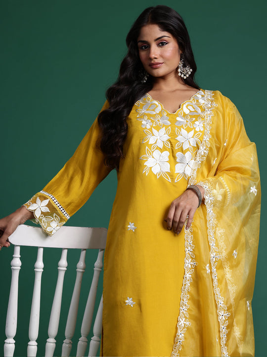 Plus Size Yellow Embroidered Straight Kurta Set With Dupatta