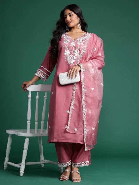 Plus Size Rust Embroidered Straight Kurta Set With Dupatta