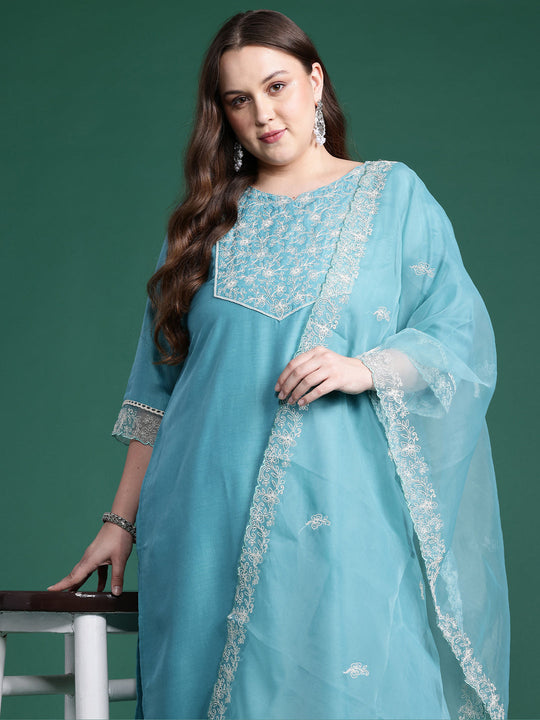 Plus Size Sea Green Embroidered Straight Kurta Set With Dupatta