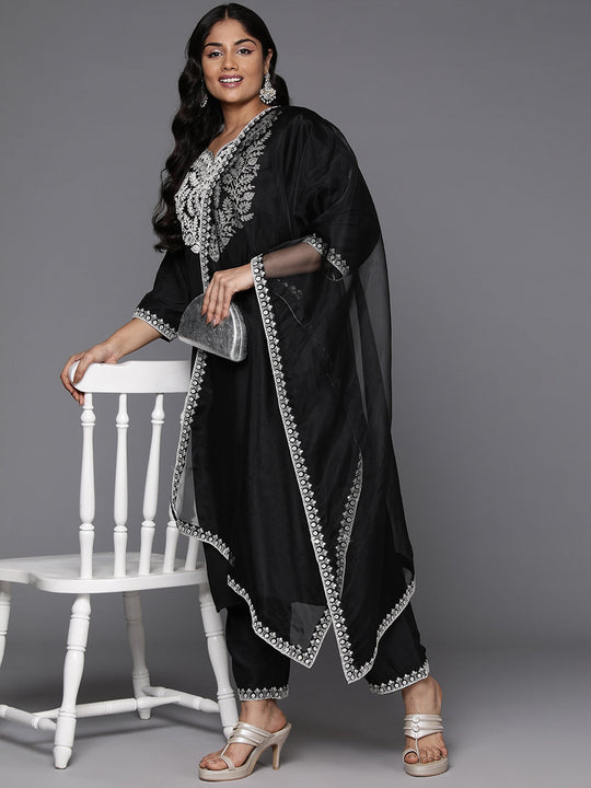 Plus Size Black Embroidered Festive Straight Kurta Set