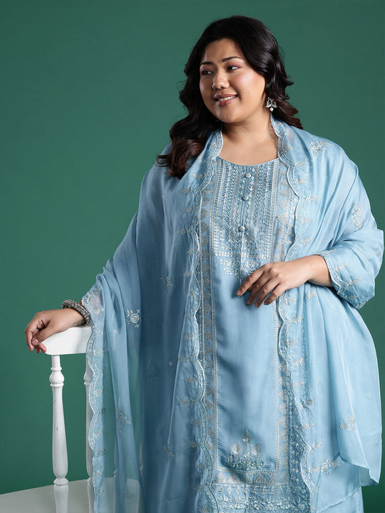 Plus Size Blue Embroidered Straight Kurta Trousers With Dupatta set
