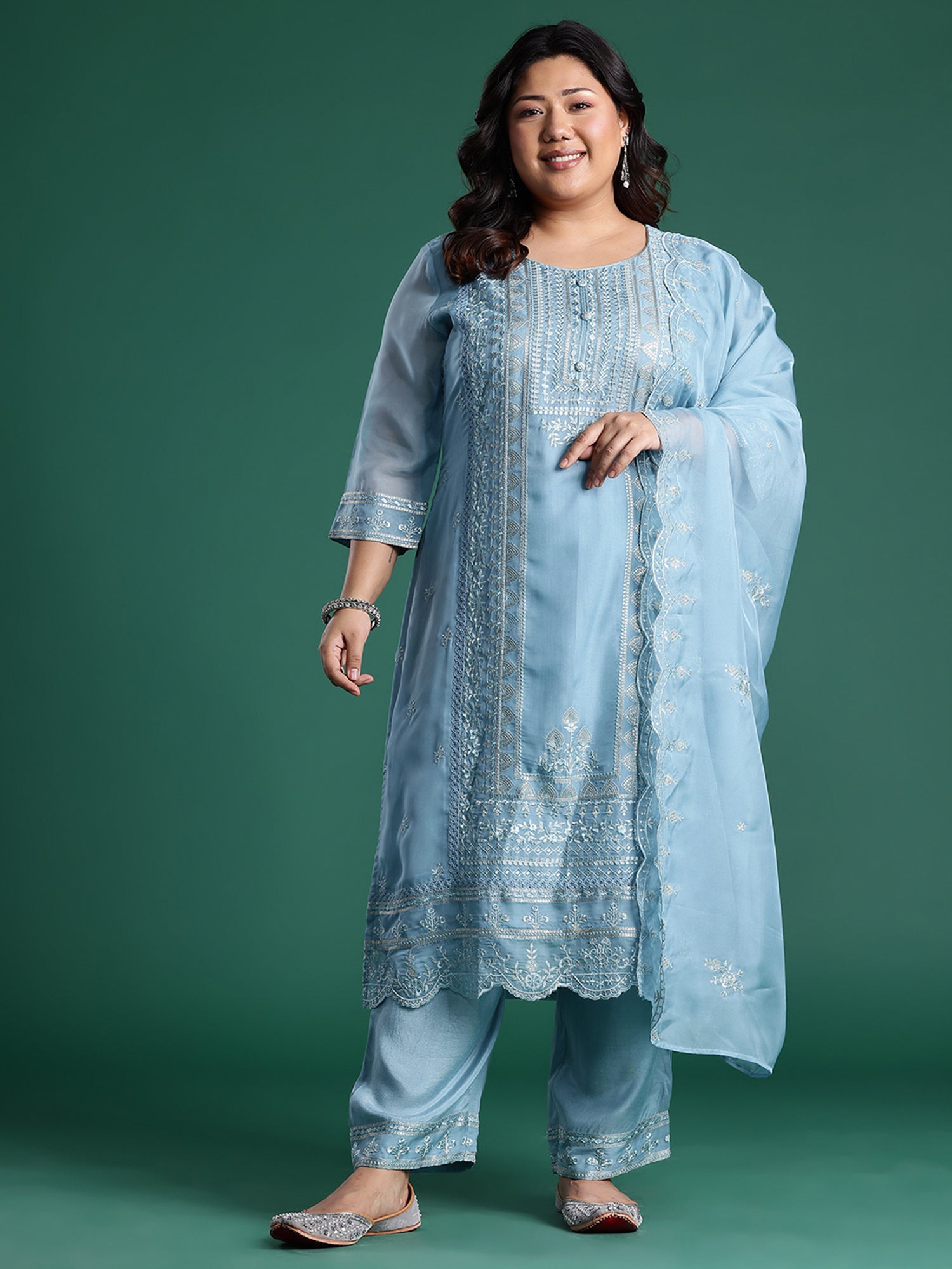 Plus Size Blue Embroidered Straight Kurta Trousers With Dupatta set