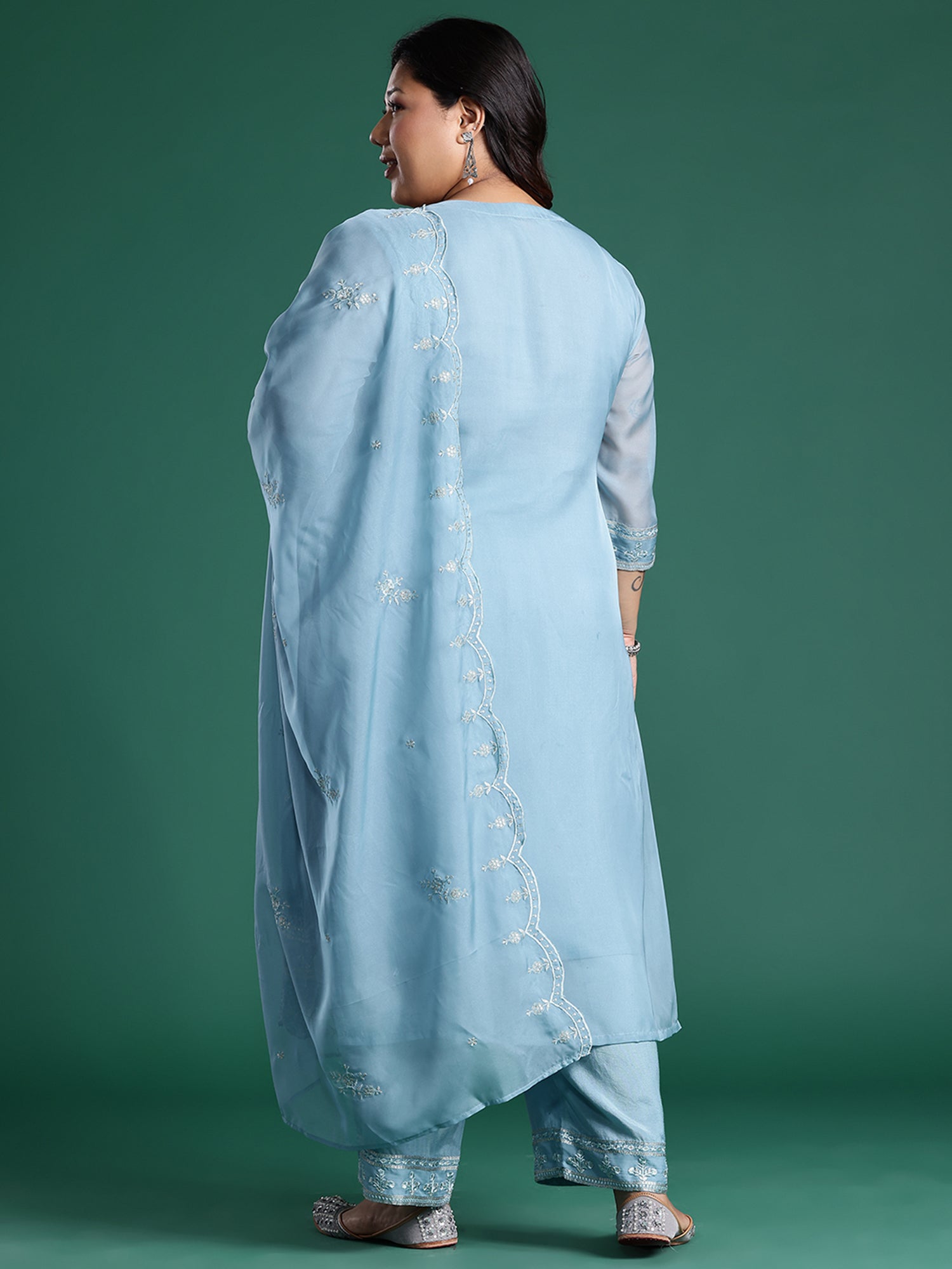 Plus Size Blue Embroidered Straight Kurta Trousers With Dupatta set