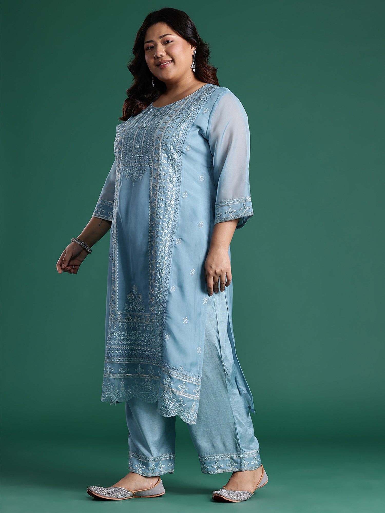 Plus Size Blue Embroidered Straight Kurta Trousers With Dupatta set