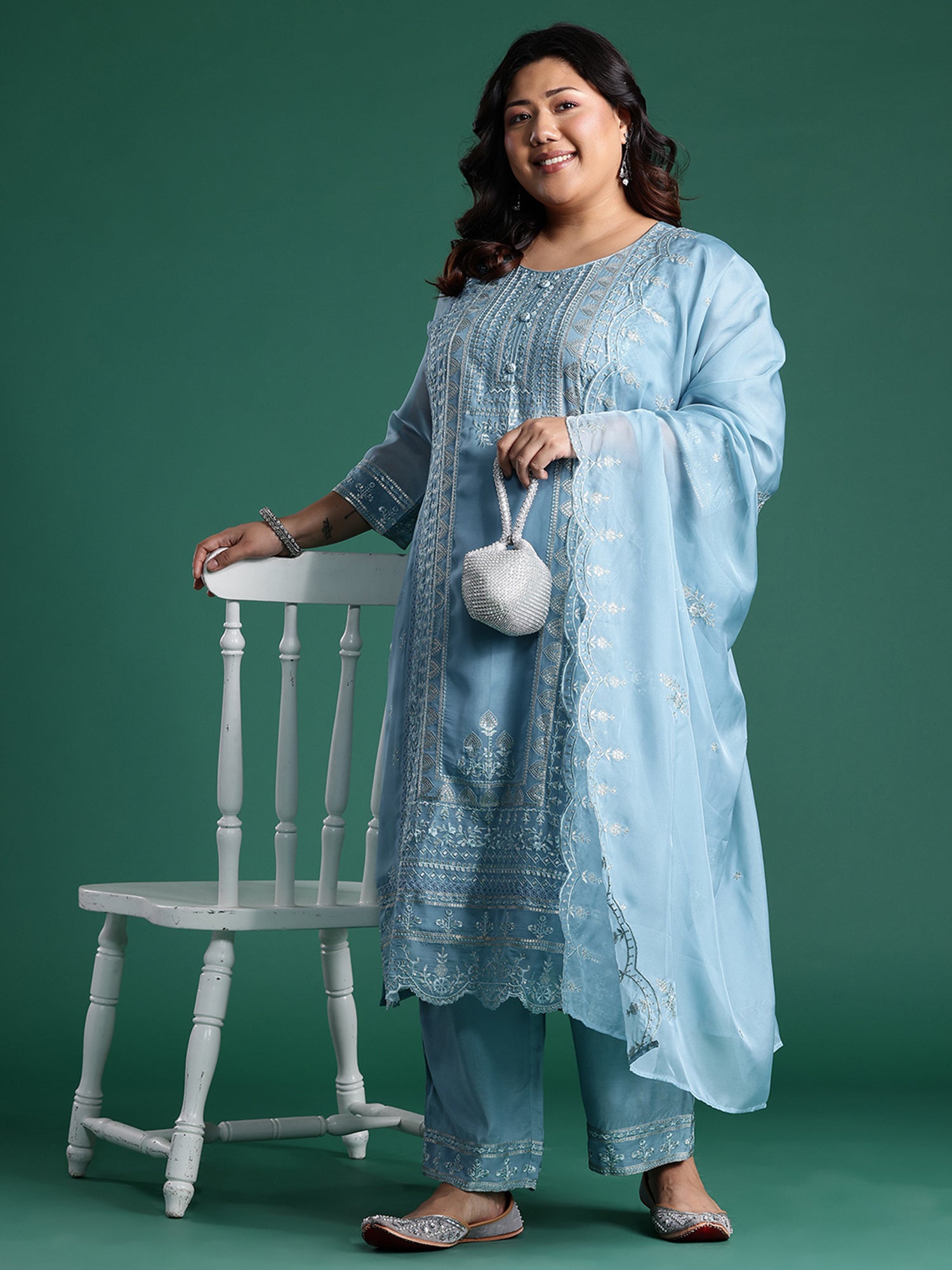 Plus Size Blue Embroidered Straight Kurta Trousers With Dupatta set