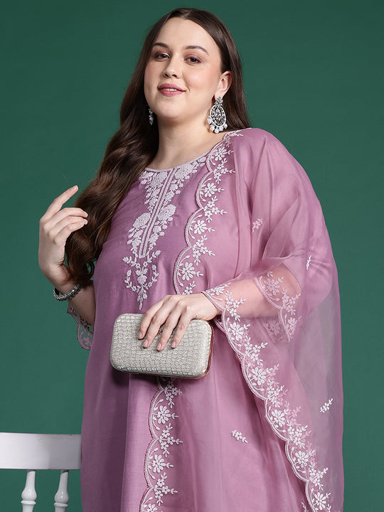 Plus Size Mauve Embroidered Straight Kurta Set