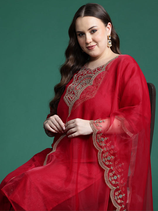 Plus Size Maroon Embroidered Straight Kurta Set