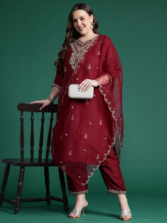 Plus Size Maroon Embroidered Straight Kurta Set