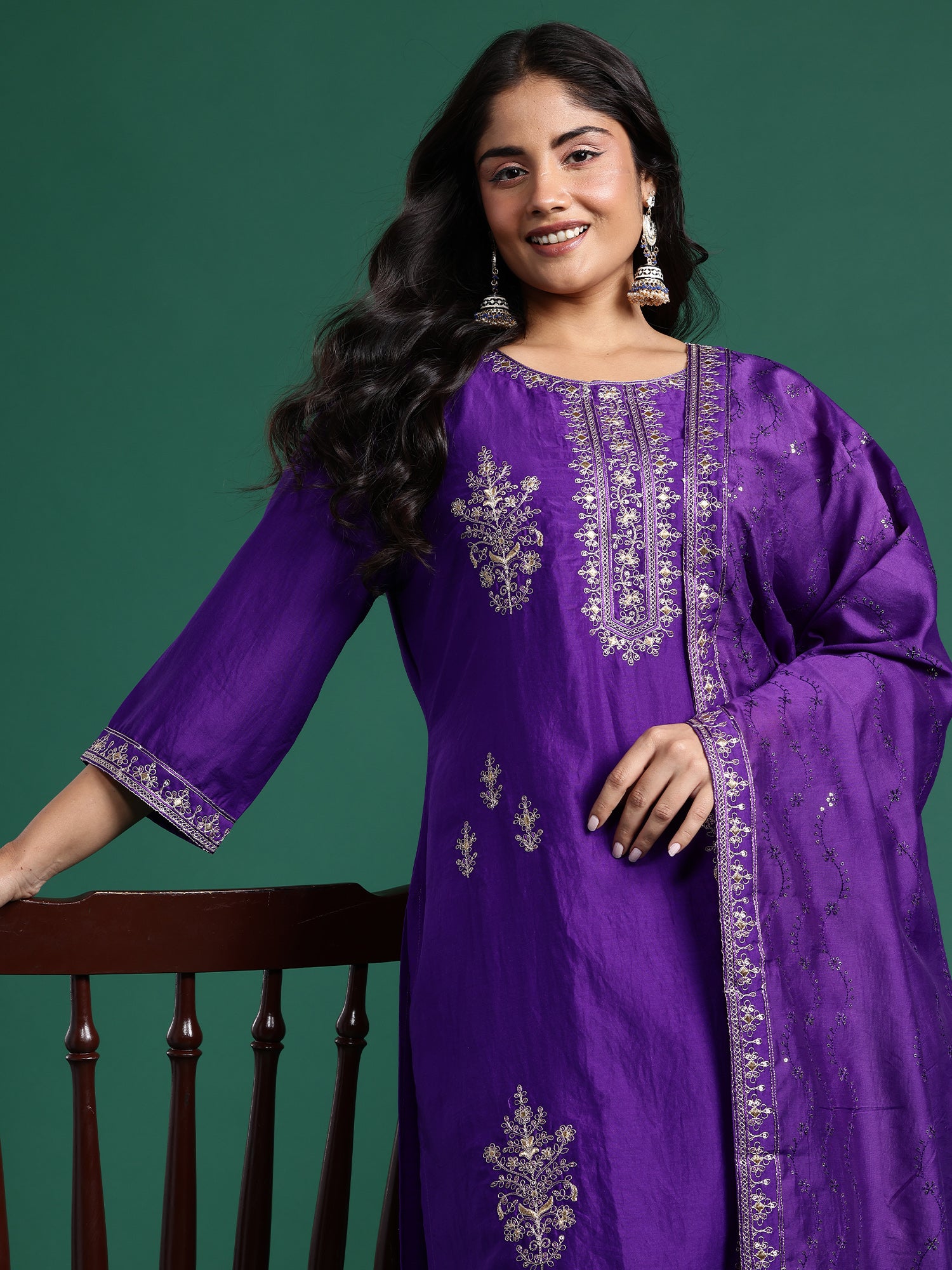 Plus Size Purple Embroidered Straight Kurta Trousers With Dupatta Set