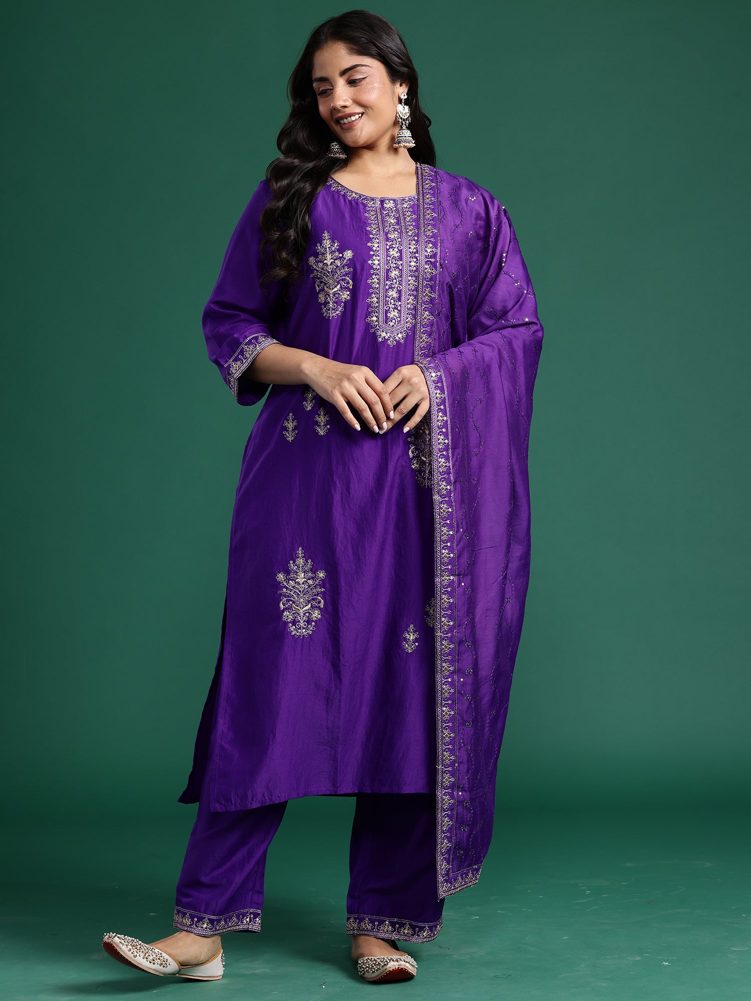 Plus Size Purple Embroidered Straight Kurta Trousers With Dupatta Set