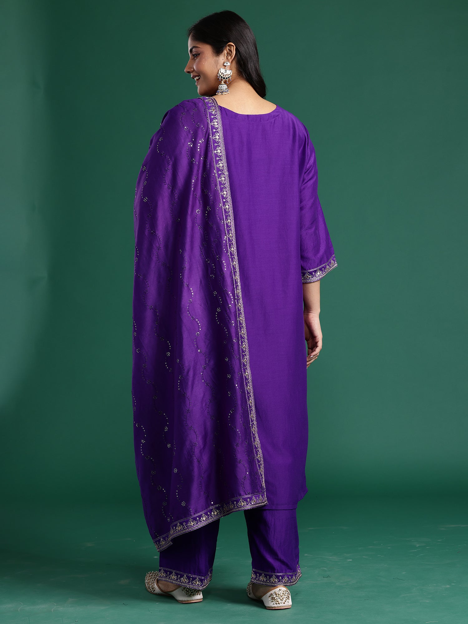 Plus Size Purple Embroidered Straight Kurta Trousers With Dupatta Set